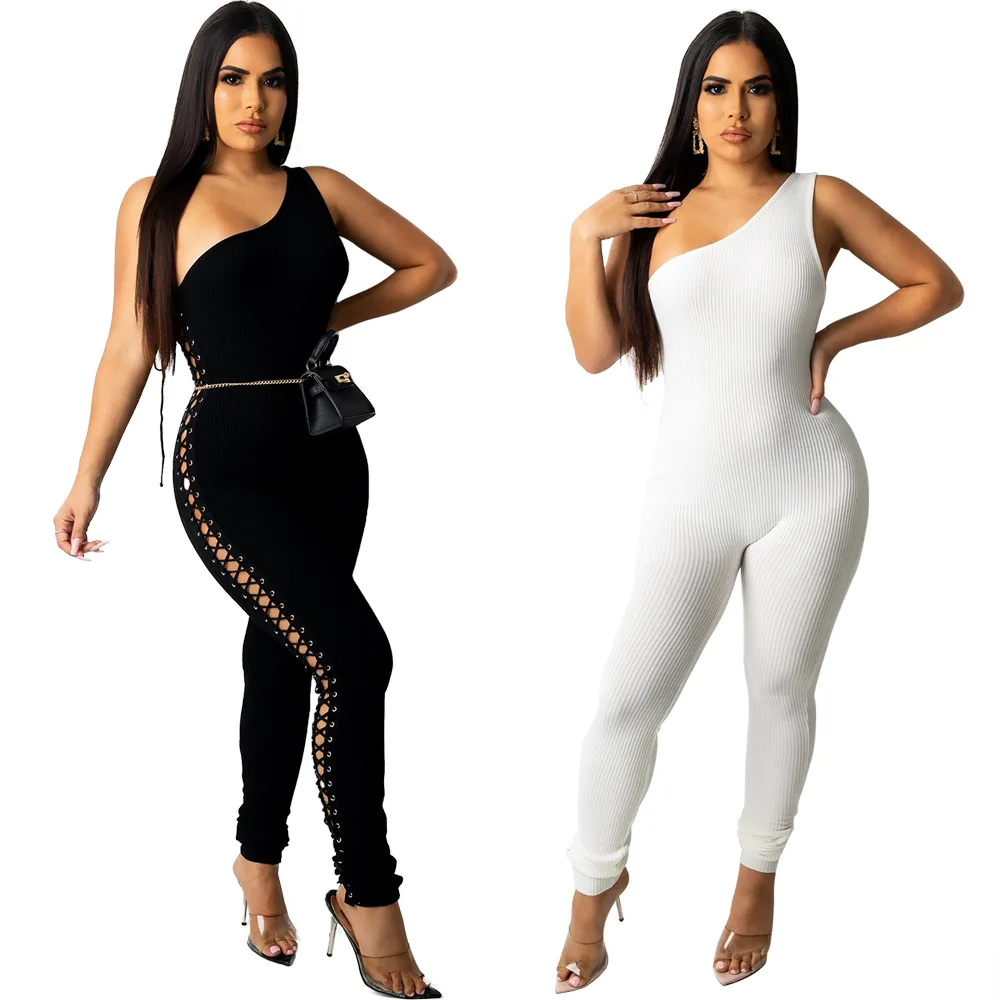 

Sexy Grommet Lace Up Ribbed Skinny Jumpsuit Women Solid White Black One Shoulder Sleeveless Bandage Overalls Knitted Tracksuit