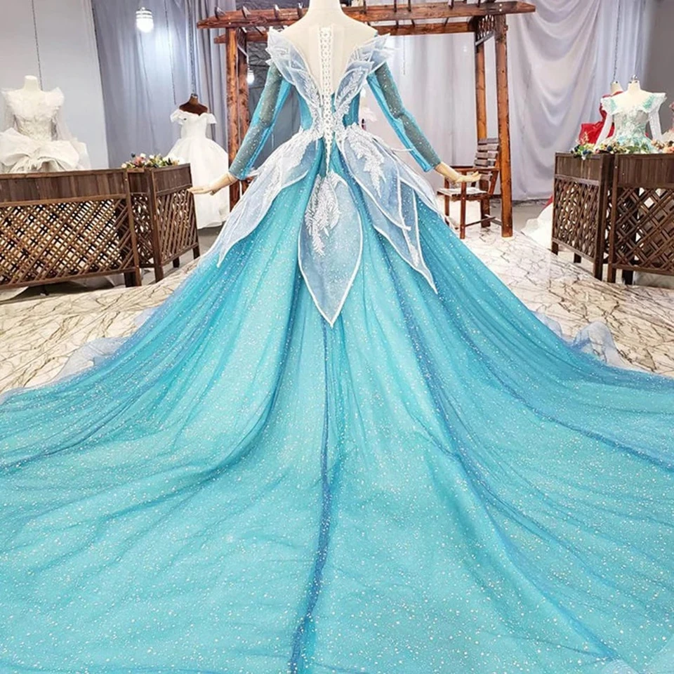 Blue Princess Sparkle Queen Costume Wedding Dress Long Sleeve Long Train  Cosplay Off the Shoulder Lace-Up Back Bridal Ball Gown - AliExpress 320