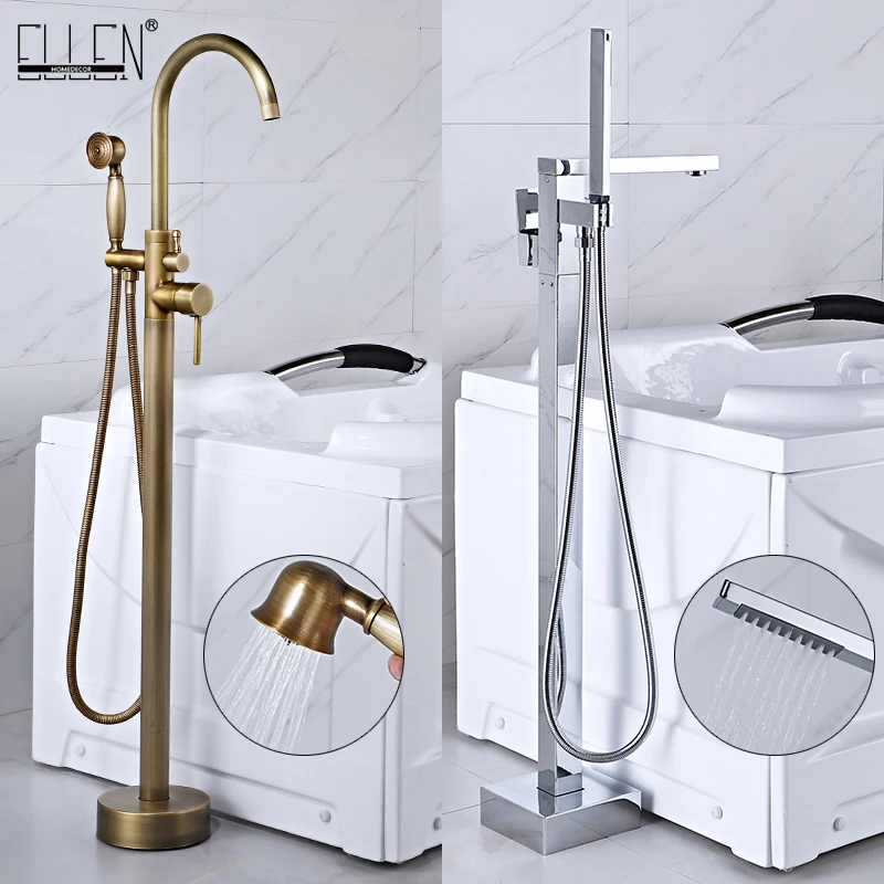 ELLEN Floor Stand Bathtub Faucets with Hand Shower Square Bath Tub Chrome Faucet Water Mixer Tap Crane ELS2013