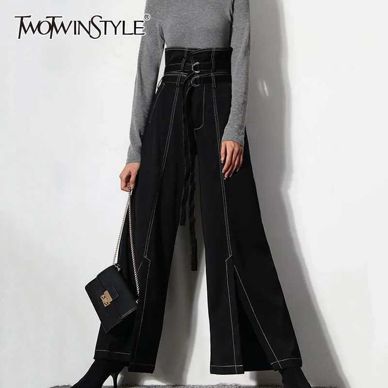 TWOTWINSTYLE Minimalist Black Split Women\'s Pants High Waist Wide Leg Patchwork Loose Woman Clothes 2022 Spring Fashion Clothing