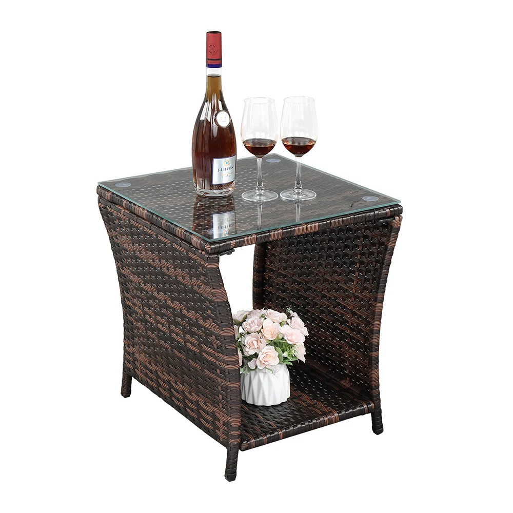 46x46x49.5CM Rattan Side Coffee Table Glass Surface Brown Gradient Iron Frame Outdoor Balcony Furniture[US-Depot]