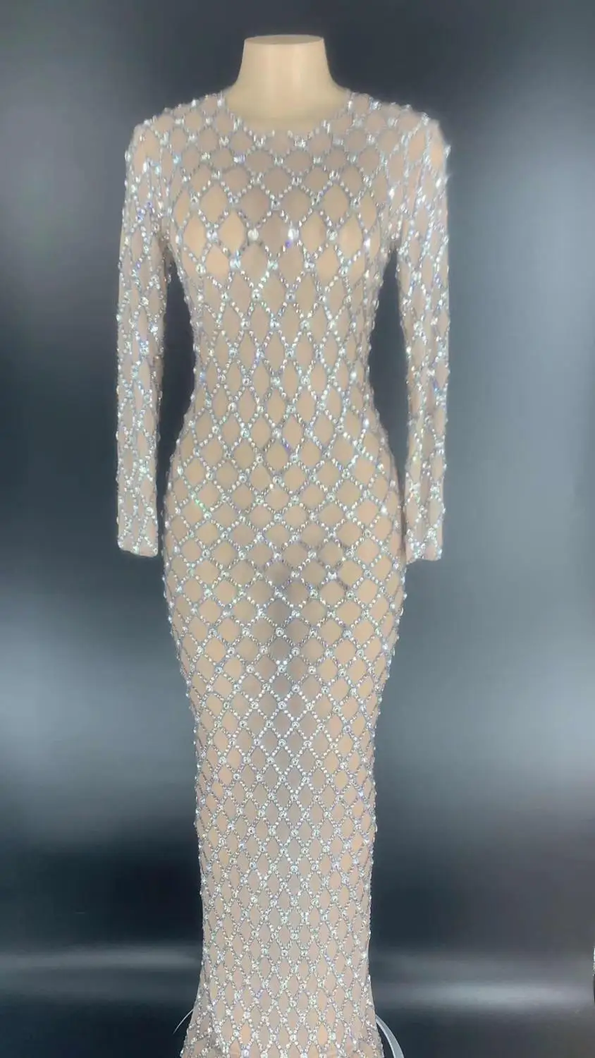 

New Mesh Transparent Shining Rhinestones Long Sleeve Dress Birthday Celebrate Evening Party Prom Dress Bar Singer Stage Costume