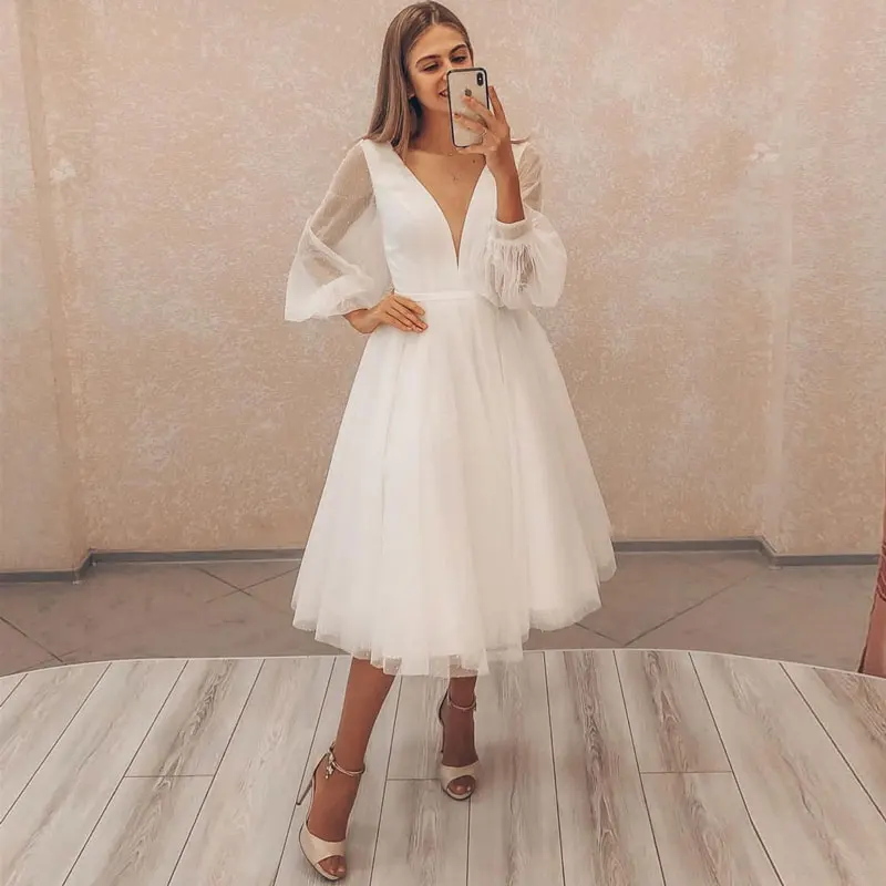 Vestido de casamento curto com decote em V profundo, Puffy Sleeve, Casamento Robe, Noiva para ser amado