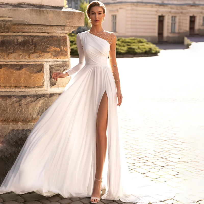 

O-Neck Sexy One Shoulder See Through Slit Beads Pleats Long Sleeve Zipper A-Line Wedding Dress Bridal Gowns Vestido De Noiva