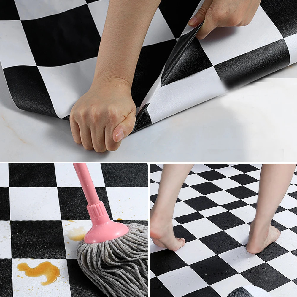 Modern Thick Self Adhesive Tiles Floor Stickers Checkered Pattern Bathroom Ground Wallpapers Black and White PVC Bedroom Decor