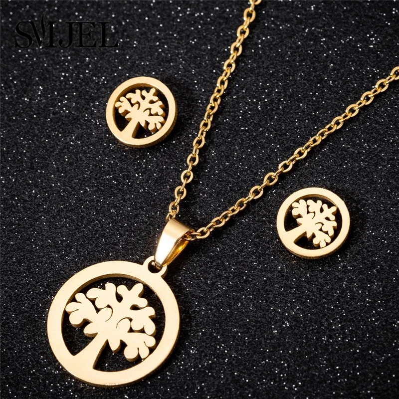 2024 Round Hollow Wishing Tree Pendant Necklace Plant Tree Of Life Earrings Jewelry Set Fashion Elegant Women Girl Gifts