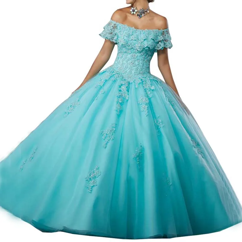 Frauen Ballkleid Quinceanera Kleider Off Schulter Spitze Tüll Pailletten Mädchen Prinzessin Süße 15 16 Prom Kleider