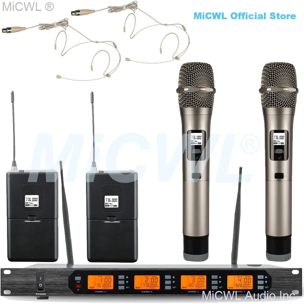 Original MiCWL D400 4 Beige Headset Wireless Stage Karaoke Performance Microphone System  400 Channel Mics Microphones