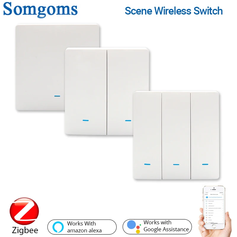 Somgoms ZigBee Battery Switch, Scene Panel Switch One Button Automation Working With  Tuya　ZigBee Hub, One-Click Linkage