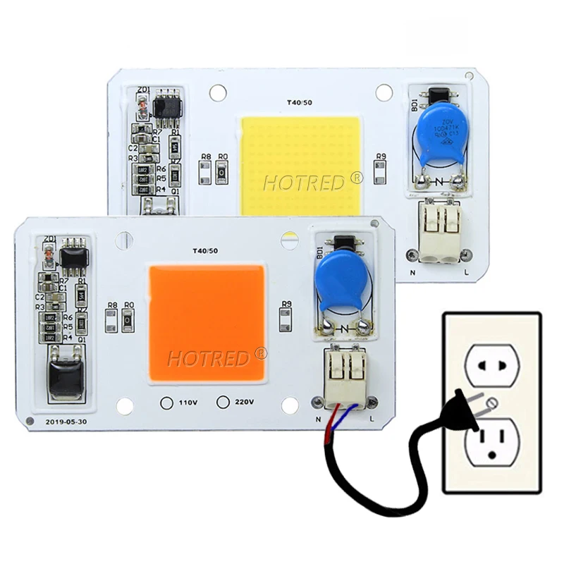 Chip de bombillas LED COB de 50W, controlador IC inteligente integrado, CA 110V 220V, blanco frío, blanco cálido, rojo, verde, azul, amarillo, rosa,