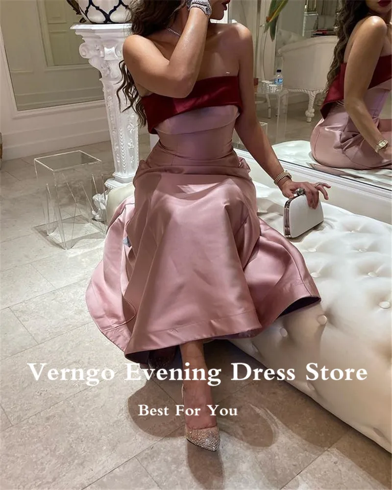 Verngo Blush Roze Satijnen Lange Avondjurken Enkellange Strapless Eenvoudige Prom Dress Saudi Arabische Vrouwen Formele Party Dress