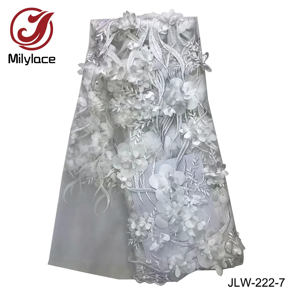 Popular design french lace fabric beaded 3d flowers fabric bridal wedding party dress lace lilac tulle lace african JLW-222