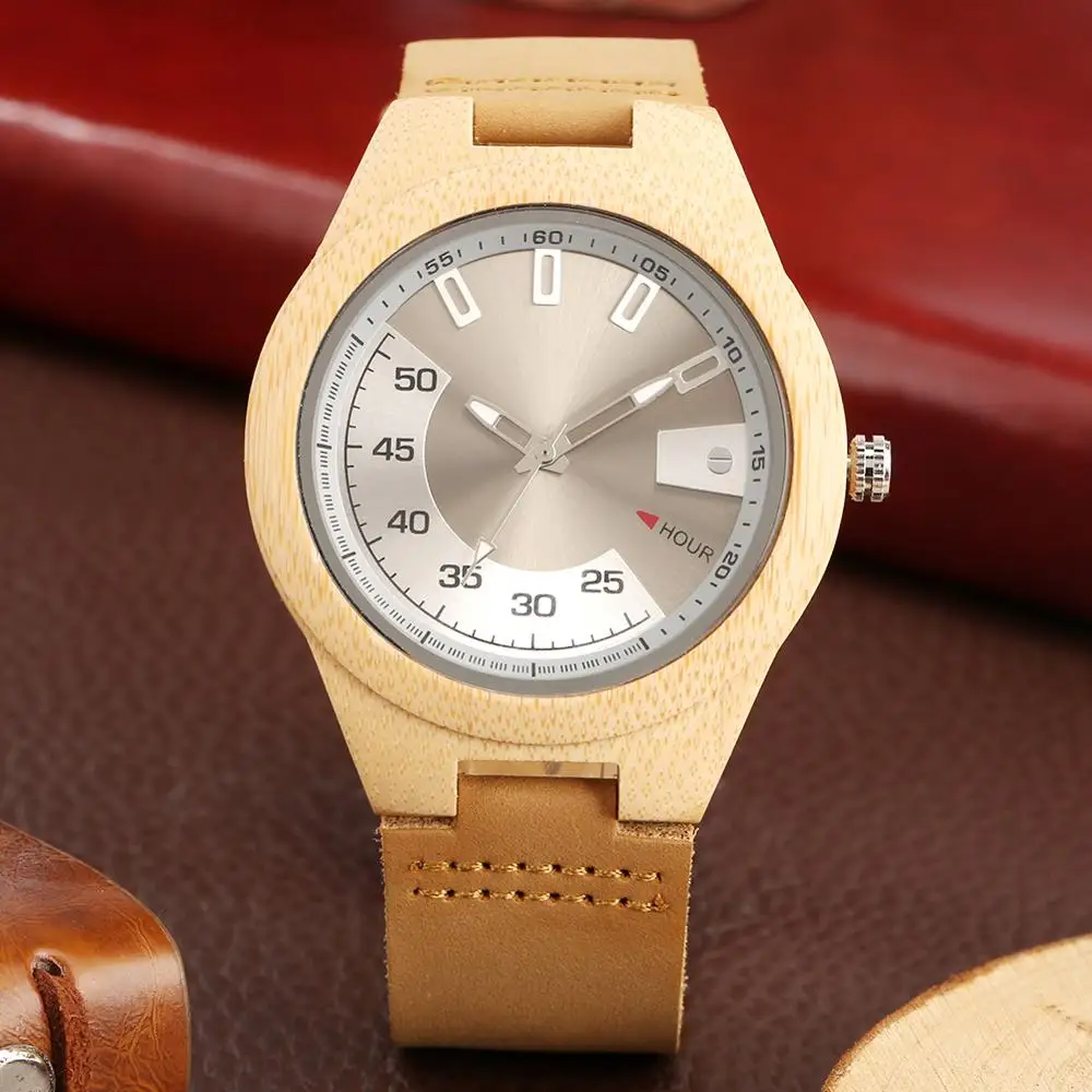 Creative Alloy Dial Hour and Minute Functions Display Bamboo Wood Watch Unique Men's Watch Leather Band Quartz Relogio Masculino