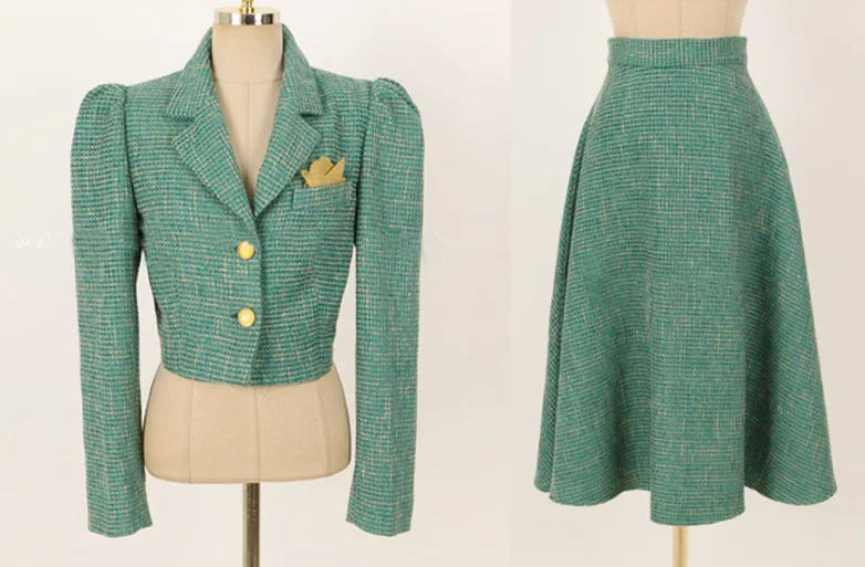 Imagem -06 - Elegante ol Verde Tweed Duas Peças Conjunto Feminino Ruched Puff Manga Curta Blazer Mais lã Cintura Alta A-line Saia Ternos Peça Outfit