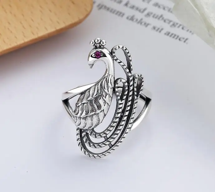 Real 925 Sterling Silver Hollow Peacock Open Rings Retro Trendy S925 Solid Thai Silver Rings Vintage Gift for Women Girl Jewelry