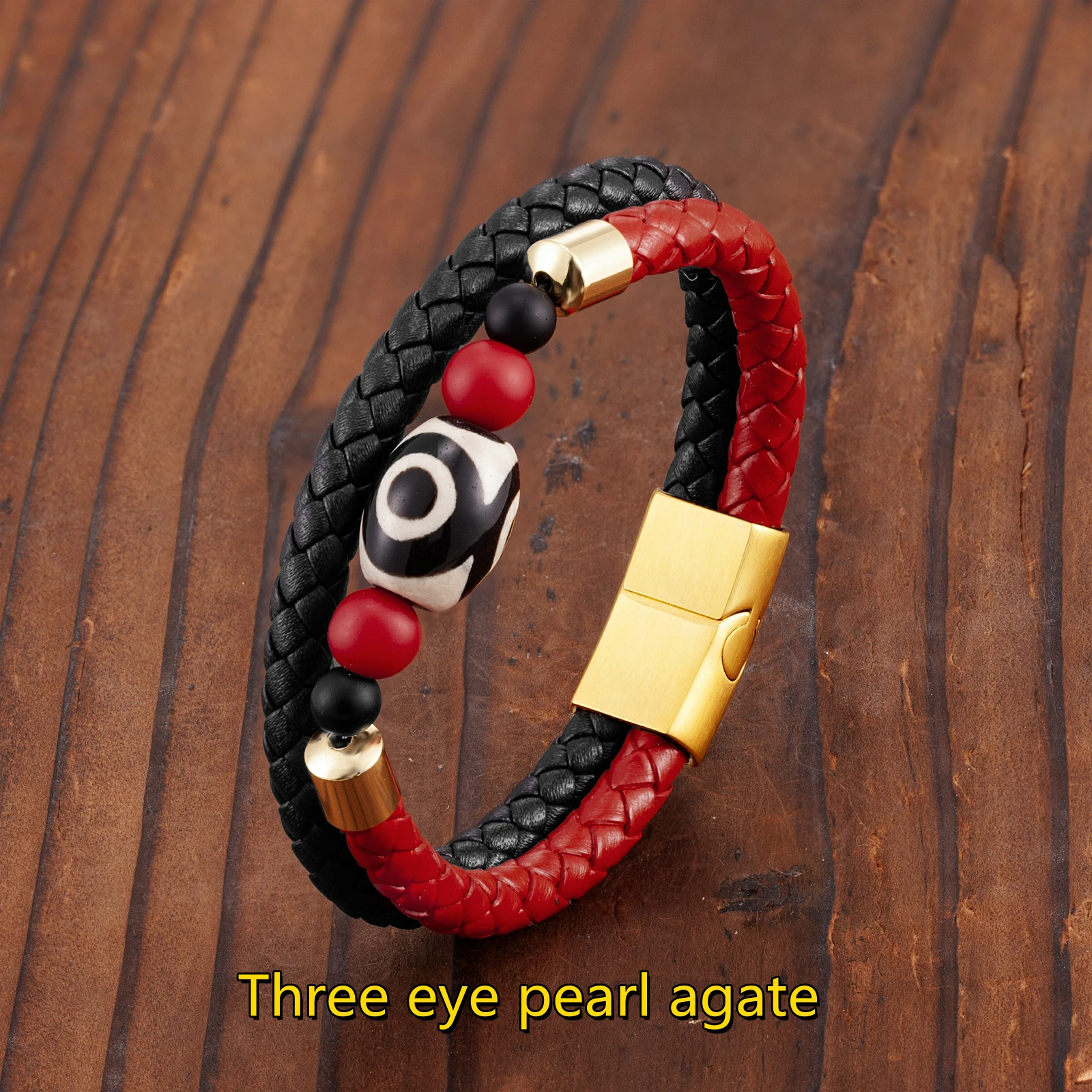 

New 3 Eyes Dzi Beads Natural Agate Two-color Fashion Charm Jewelry Women Bracelet 316L Stainless Steel Leather Cord Bracele