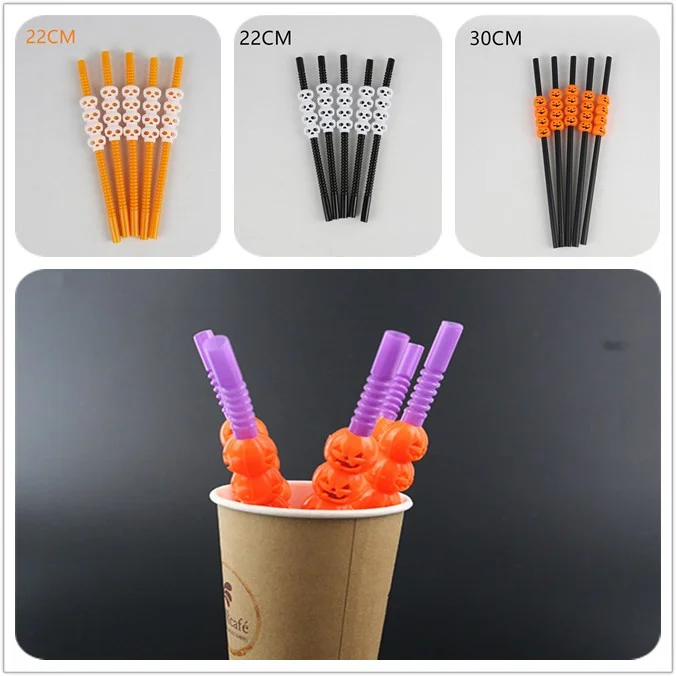 

100pcs Halloween Horror Skull Pumpkin Food grade Drinking Straw Halloween Decoration DIY Straws Photo Props for Party Bar Home