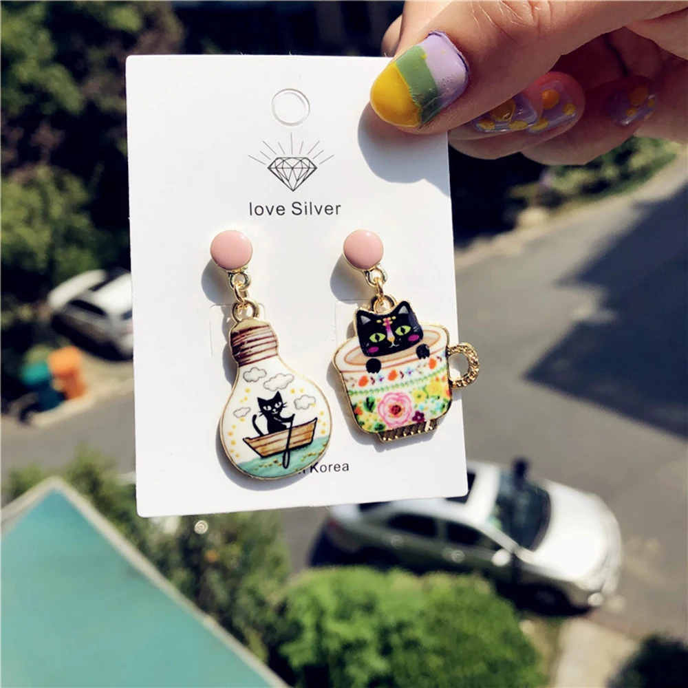 Fashion Light Bulb Cat Cup Cat Enamel Charms New Stud Earrings For Women Cute Animals Pendants Personality Jewelry Gifts