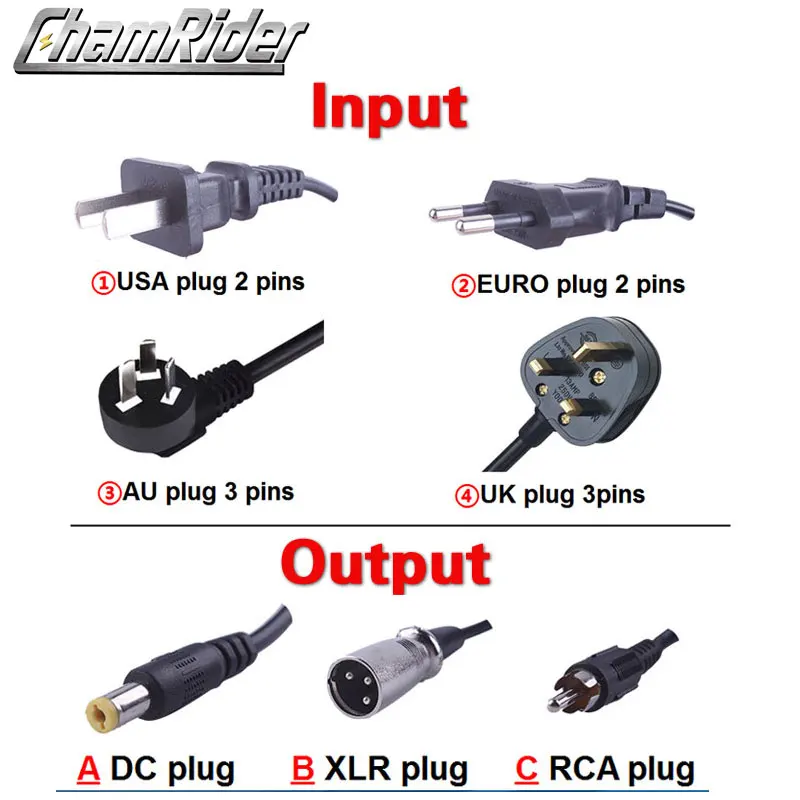 Lithium Li-ion Battery Charger Pack Charger, Electric Bike, DC, XLR, RCA Plug, USA, EU, 36V, 42V, 48V, 54.6V, 52V, 58.8V