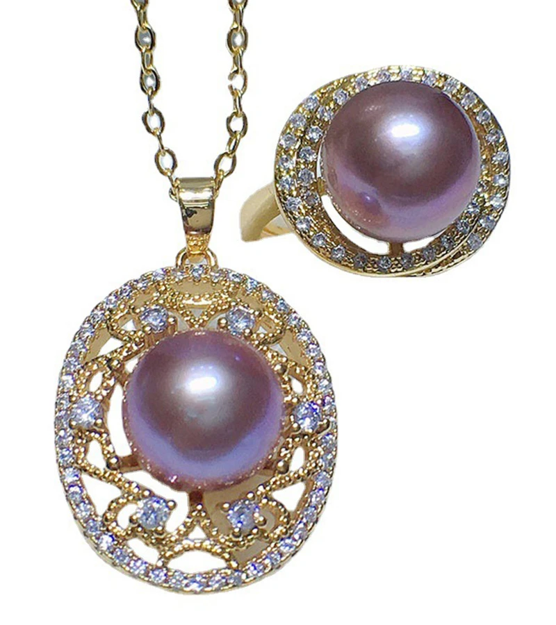 

HABITOO 10-11mm Purple South Sea Pearl Pendant Ring Adjustable18k filled Gold Gorgeous Fine Jewelry Set for Women Charming Gifts