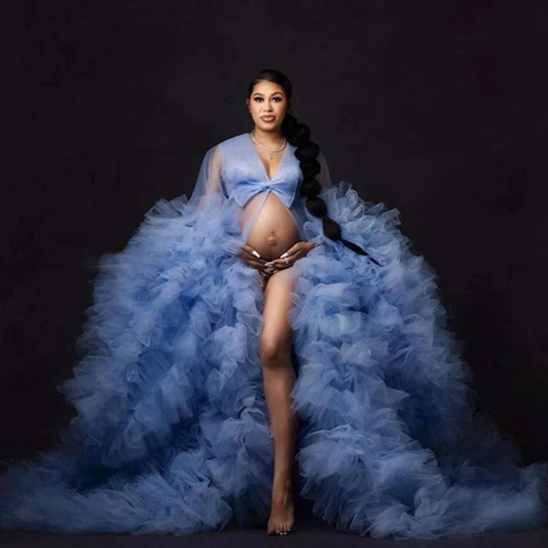 Gorgeous Fluffy Tulle Maternity Dress With Train Extra Puffy Bridal Gowns To Photography Ruffle Sky Blue Lush Baby Shower