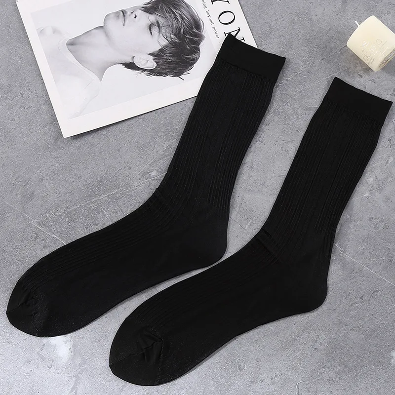 Men\'s Soft Nylon Transparent Mesh Socks Business Men Tube Ultra-thin Elastic Silky Basic Color Striped Long Socks