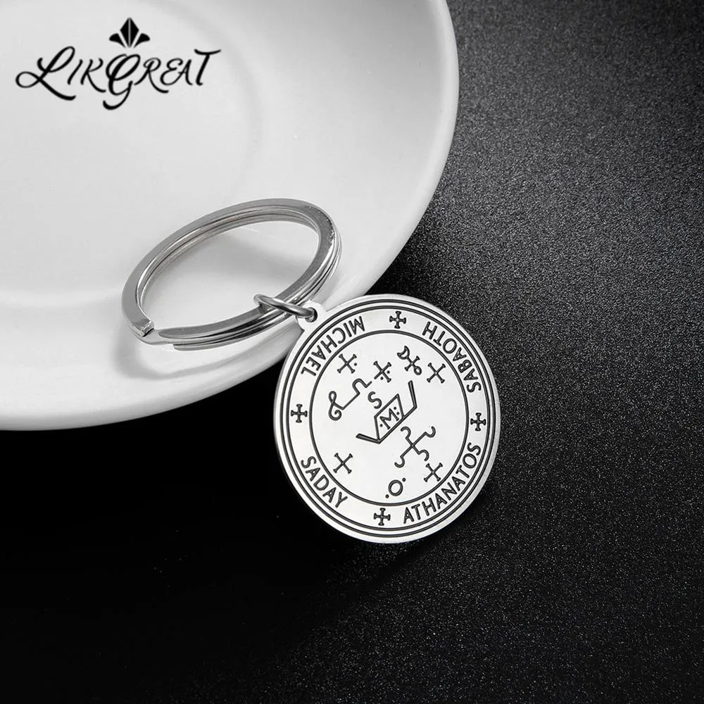 LIKGREAT Stainless Steel Seal of Solomon Key Chain for Men Women Michael Seal of Archangel Gabriel God Pendant Keychain Jewelry