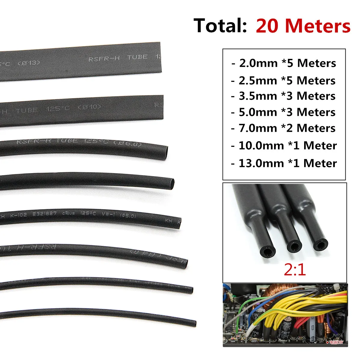 7 Sizes Heat Shrink Sleeving Tube Tube Assortment Kit Electrical Connection Electrical Wire Wrap Cable Waterproof Shrinkage 2:1