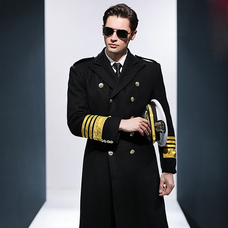 Sea service captain Standard woolen Trench coat aviation Co thickened cotton long coat security concierge seaman woolen coat