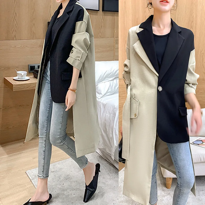 Spring New Women Blazer Patchwork Trench Coat Female Desinger Middle Long Coat Over The Knee Windbreaker