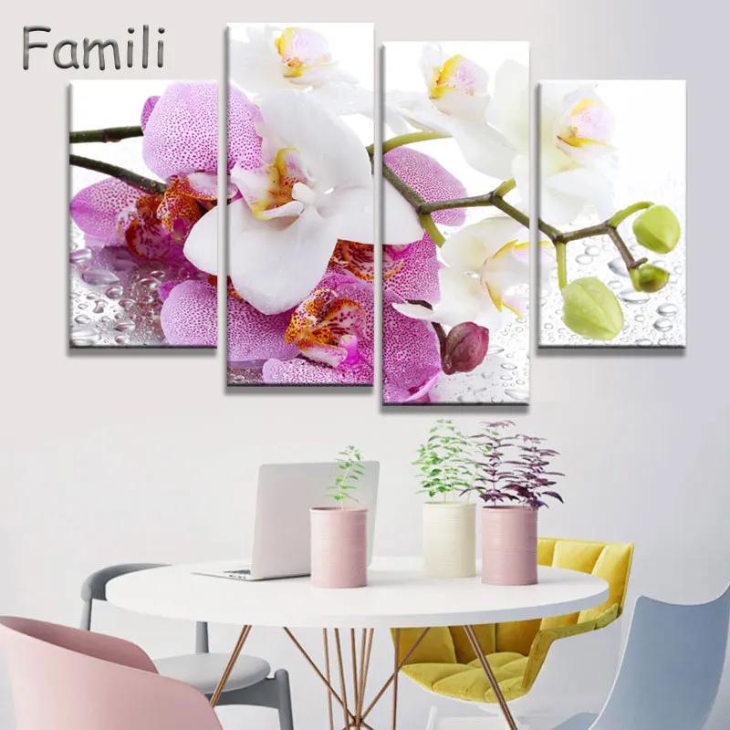 4pcs Print poster canvas Wall Art pink orchids Decoration art oil painting Modular pictures on the wall sitting room(no frame)