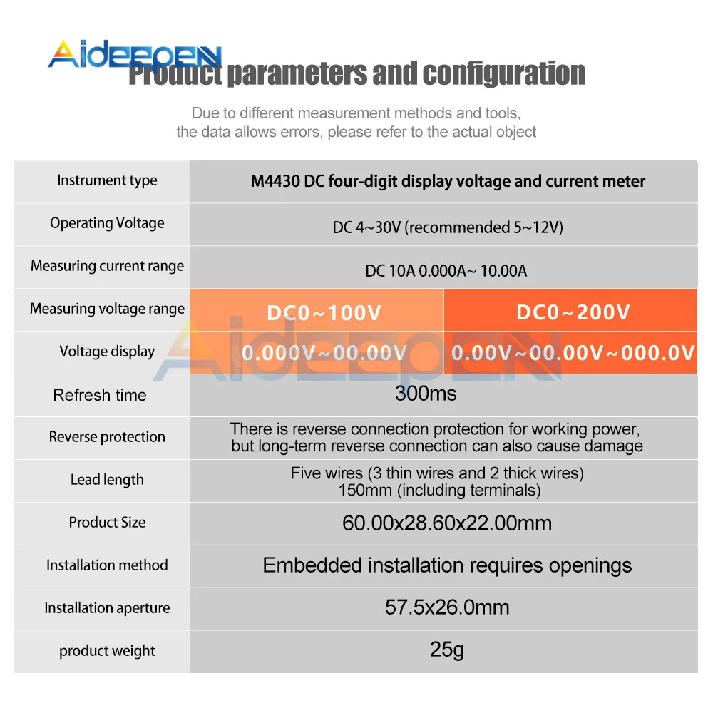 M4430 Mini Digital Voltmeter Ammeter DC 100V 200V 10A Panel Amp Volt Voltage Current Meter Tester Detector Dual LED Display