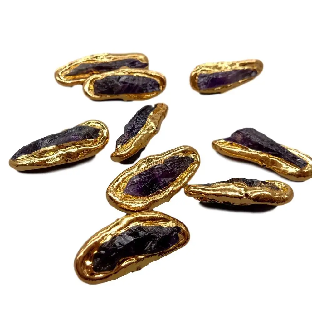 5 pcs Natural Amethyst Rough Beads Gold Plated Beads For Jewelry Making