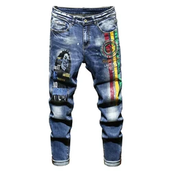 Pantalones vaqueros elásticos con bordado de letras para hombre, ropa de calle de moda, Pantalones rectos delgados