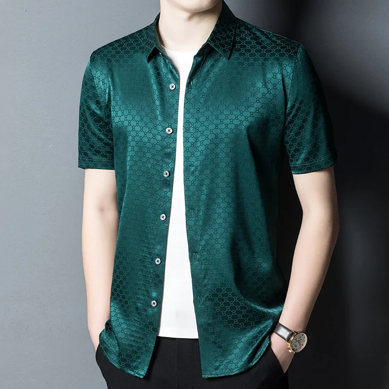 High Quality Blackish Green Real Silk Jacquard Shirts For Mens Luxury Clothing Smooth Satin Summer Dress For Stout Cozy Oversize