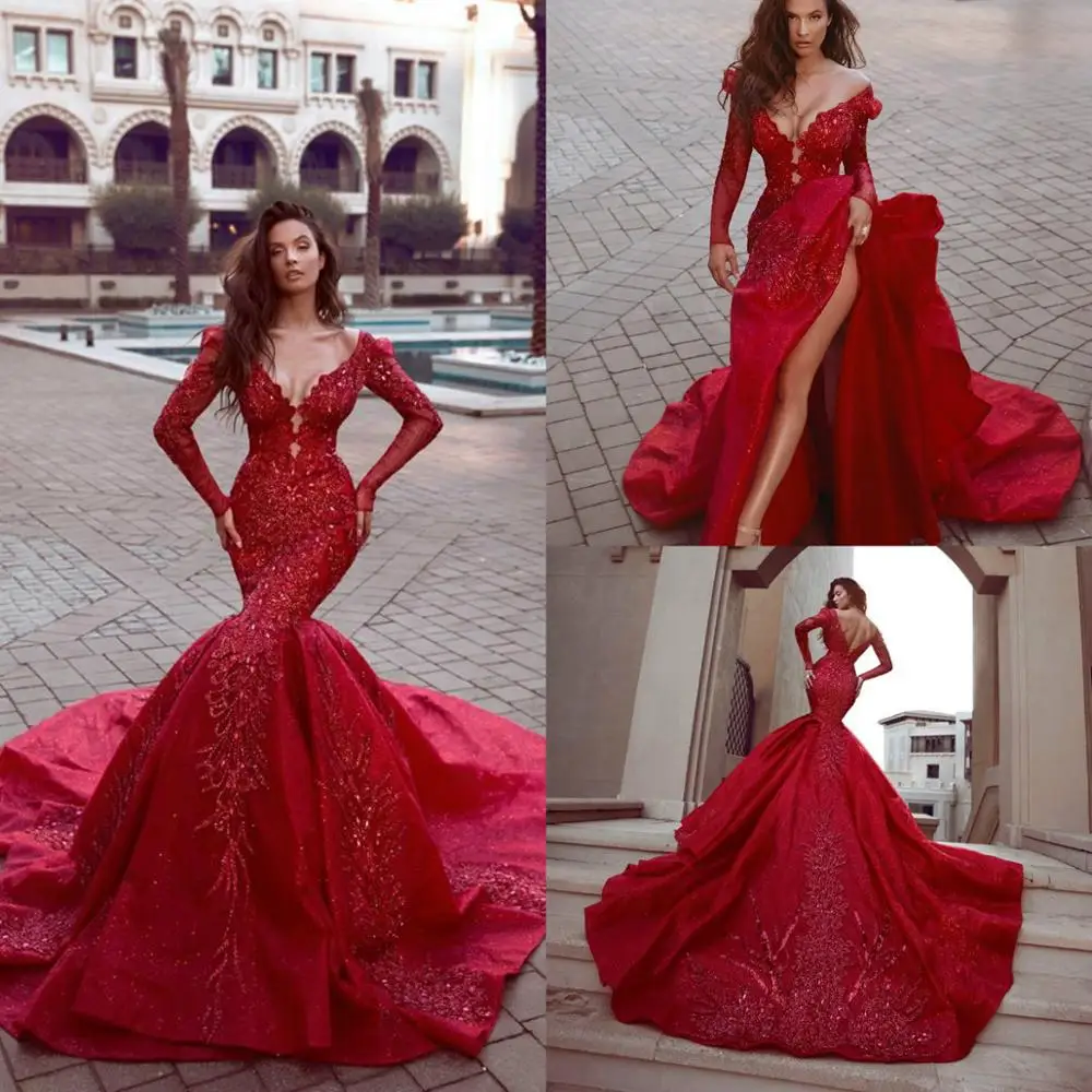 

2020 Luxury Red Special Occasion Dresses Plunging Neck Long Sleeve Mermaid Evening Dress Custom Made Sexy Prom Gowns