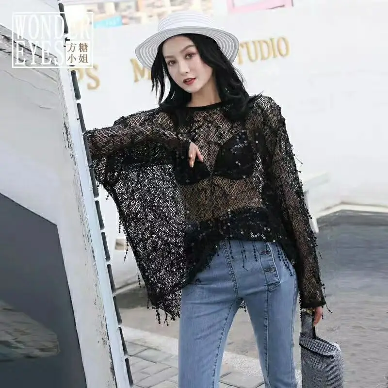 Cakucool Spring Shiny Sequins Top Women Long Sleeve See-through Tassels Shirt Korea Sexy Loose Blouse Black White Women Clothing