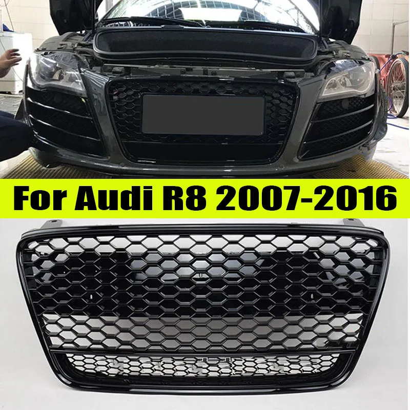 For AUDI R8 V8 V10 2007-2016 Silver BLACK Front Grill Insert Main Bar Front Gloss Black-out Grille