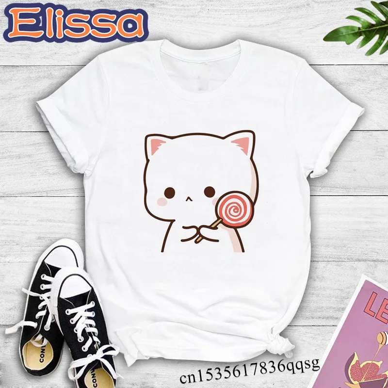 Camiseta con estampado de gato melocotón Mochi para mujer, camiseta blanca y negra, Tops harajuku vintage, estética gótica, ropa punk con gráfico de Anime, Hip Hop