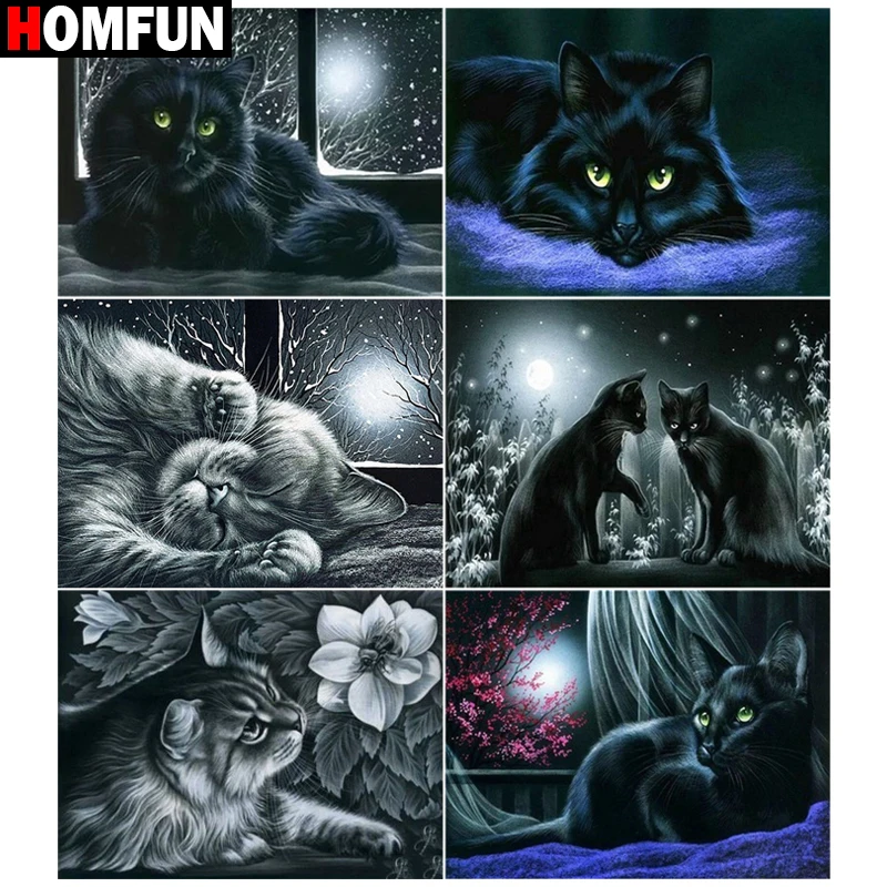 HOMFUN 5d Diamond Painting Full Square/Round ‘’Cat night moon