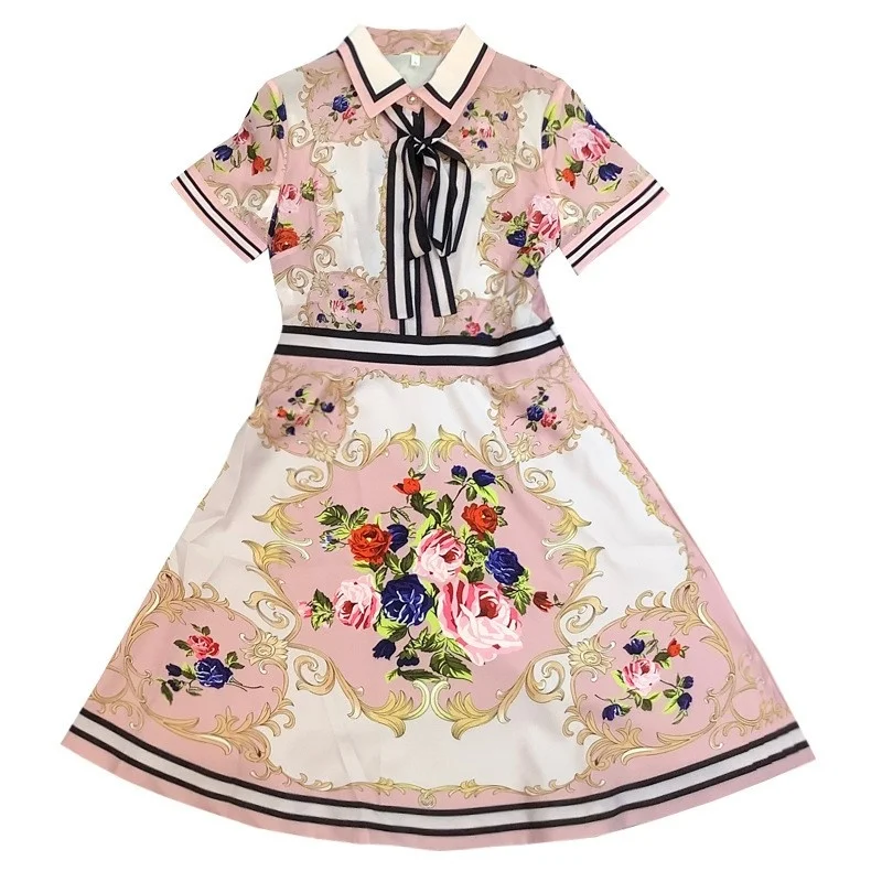 Runway France Women Elegant Floral Printed Dress Bow Short Sleeve Summer Dress Top Quality Brand Designer Ladies Party Dresses