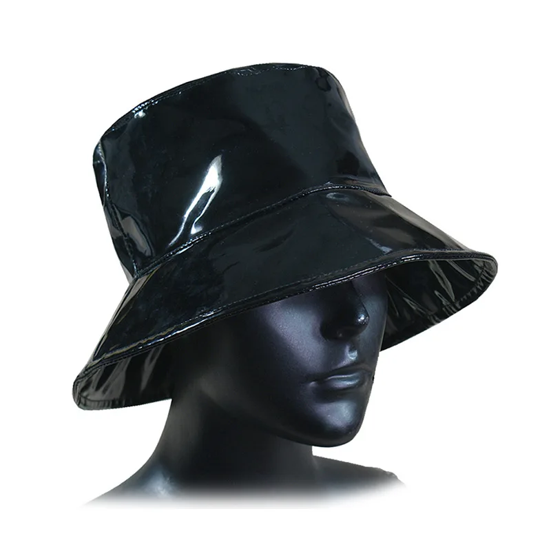 PU leather bucket hat women\'s autumn and winter wide brim basin hat sun-shading fisherman hat French hat