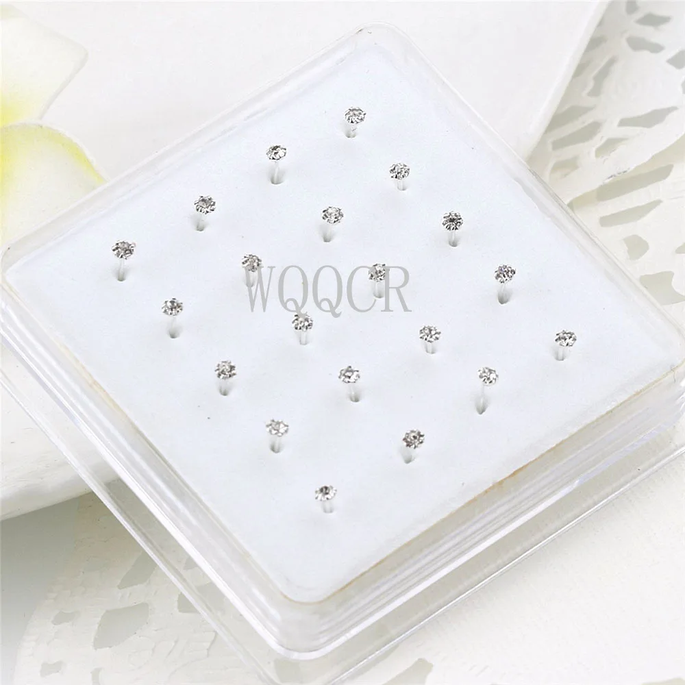 20Pcs/Box Straight Pin Nose Stud With 1/2/3mm Crystal Nose Piercing Body Jewelry Nose Studs Rings Piercing Pin Body Jewelry