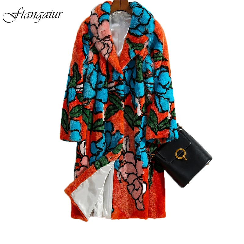 

Ftangaiur 2021 Woman Winter Mink Coat Turn-Down Collar Print Flower Natural Fur Coat Women Colorful Medium Real Mink Fur Coats