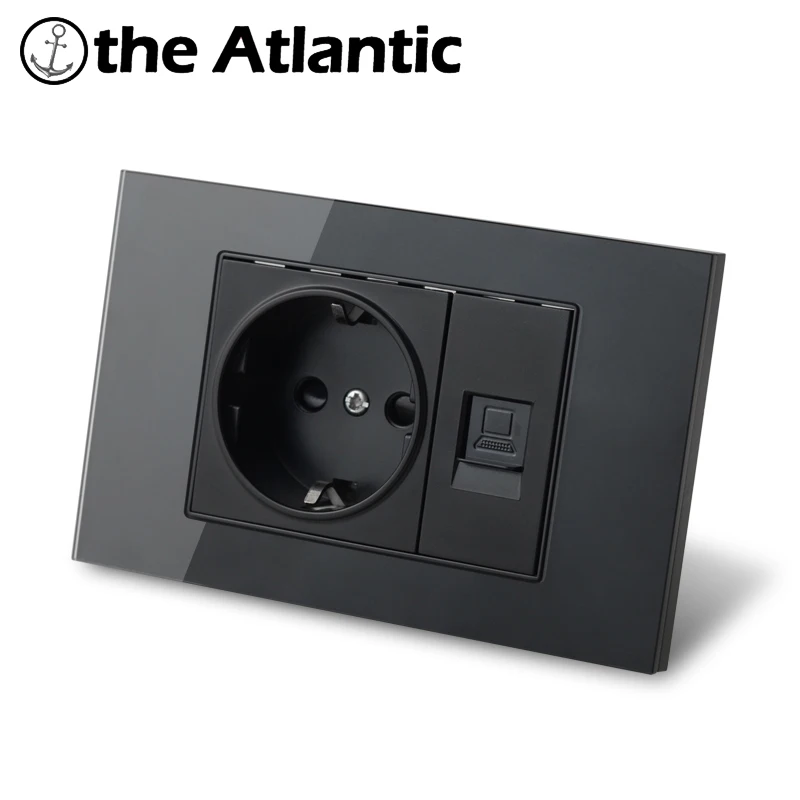 Black Glass Panel Switch Socket 16A 250V Electric Light Switch Internet Socket Rocker Switch 118 MM*75MM EU South Korea Socket