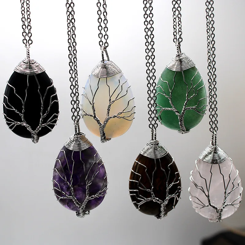 Natural Stone Tree of Life Pendant Crystal Rough Stone Handmade Necklace Colored Gemstone Seven Chakra Energy DIY Jewelry