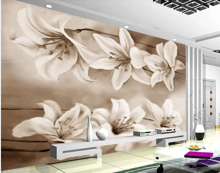 flower wallpaper for walls 3 d for living room Retro oil painting lily fashion tv background wall