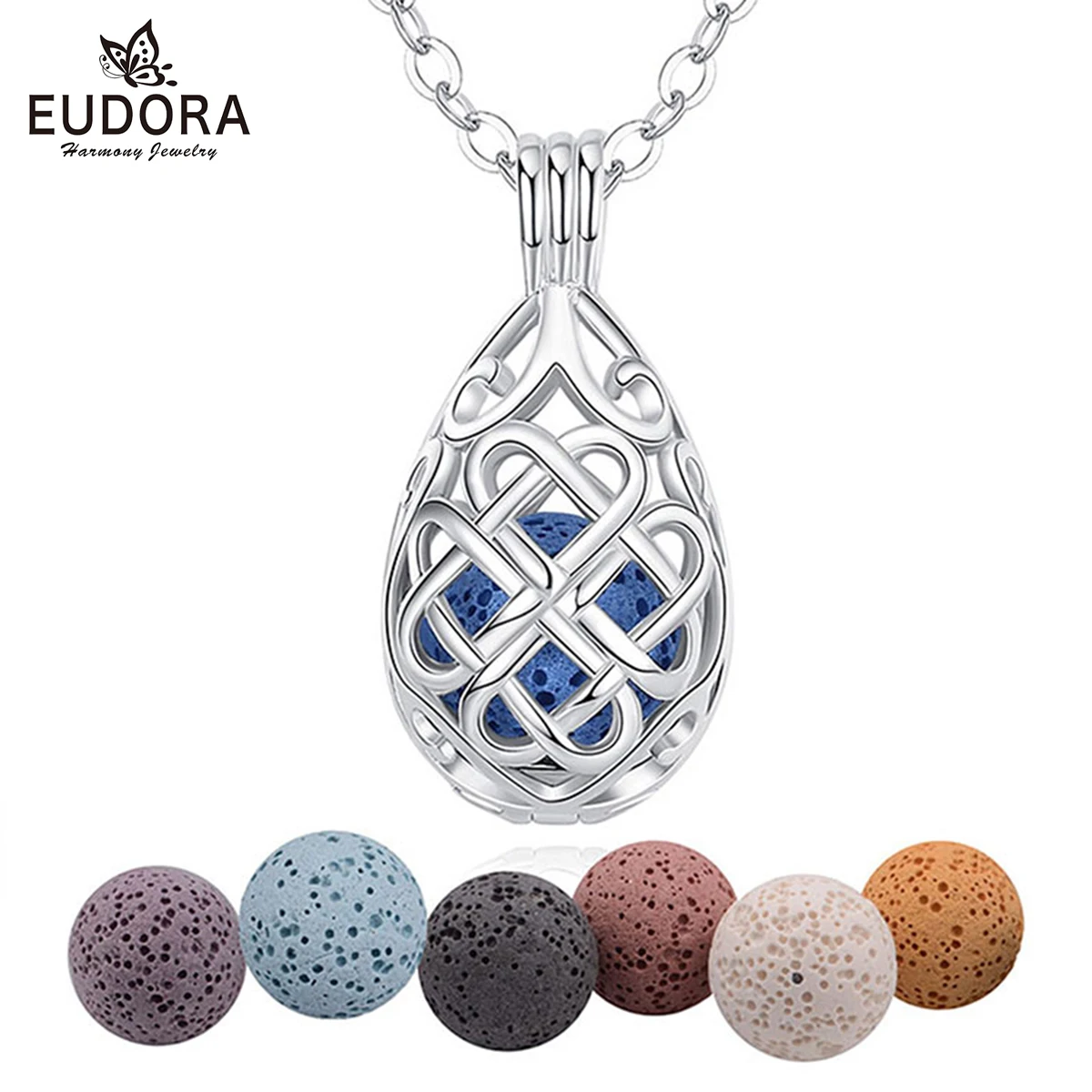 

EUDORA New 12mm Aromatherapy Perfume Essential Oils Diffuser Necklace water drop Locket Cage Pendant with Fun Lava Stone K340N14