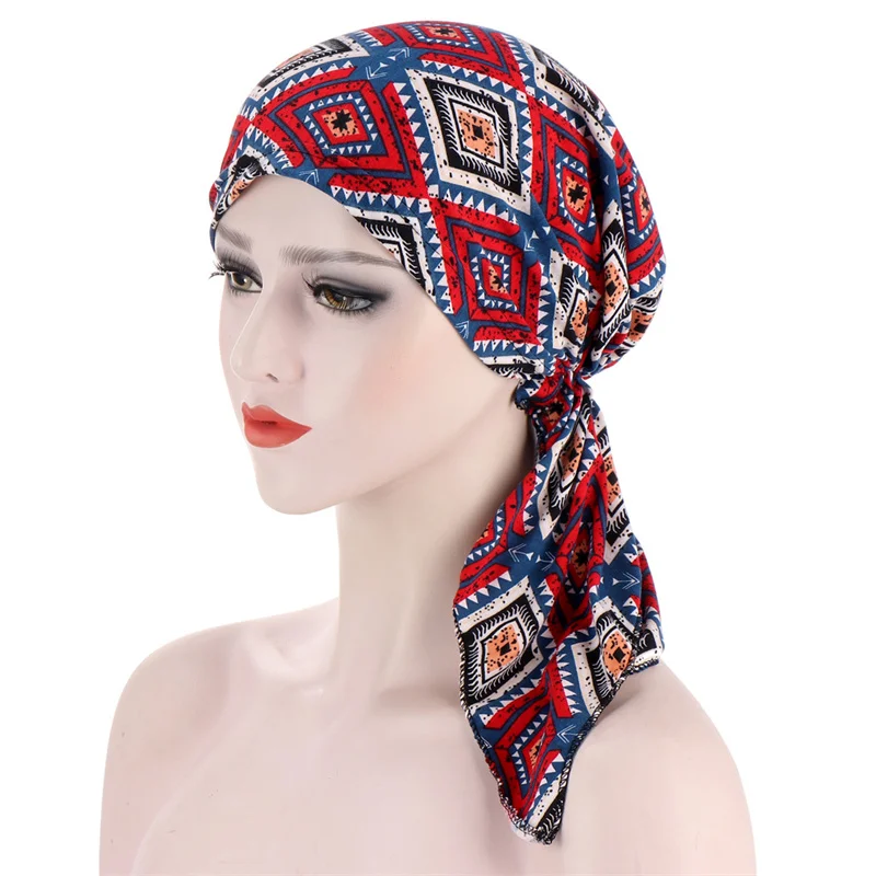 Bohemia Muslim Long Tail Headwear Turban Elastic Cotton Head Scarf Chemo Hat Turban Pre-Tied Flowers Printed Headwear