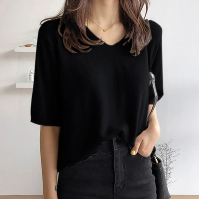 2021 Blusas De Mujer Loose Women Silk Knitted Fabric Sweater Short Sleeve Top Women Solid V-Neck Black Shirts Dropshipping 1210